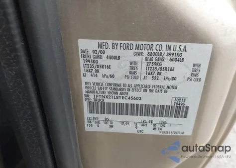 2000 Ford F-250 Lariat/Xl/Xlt z USA, uszkodzony, nr VIN 1FTNX21L8YEC45603